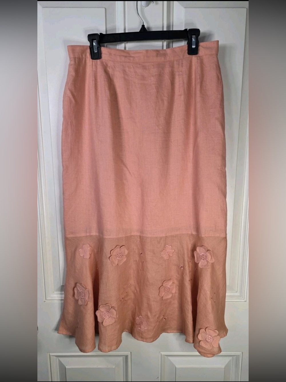 Vintage Y2K JSong Collection Linen Skirt Size 12 Peach Pink Floral Embroidered